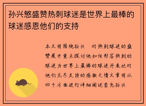 孙兴慜盛赞热刺球迷是世界上最棒的球迷感恩他们的支持