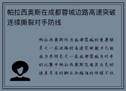 帕拉西奥斯在成都蓉城边路高速突破连续撕裂对手防线